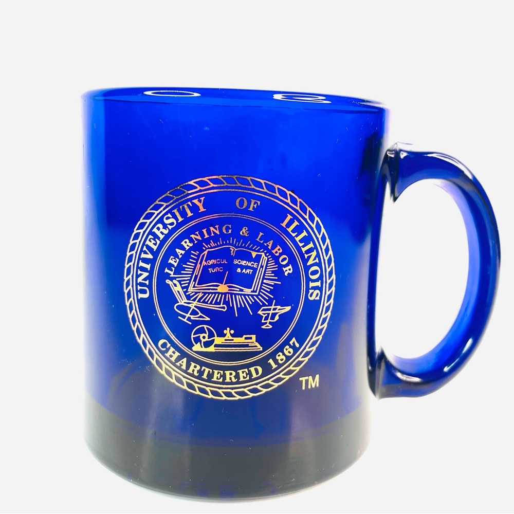 University of Illinois COBALT BLUE GLASS CUP MUG Agriculture Science & Art Gold